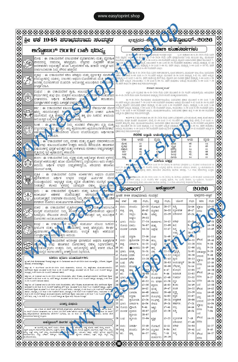 2026 Kannada Calendar Back Side Panchanga Design