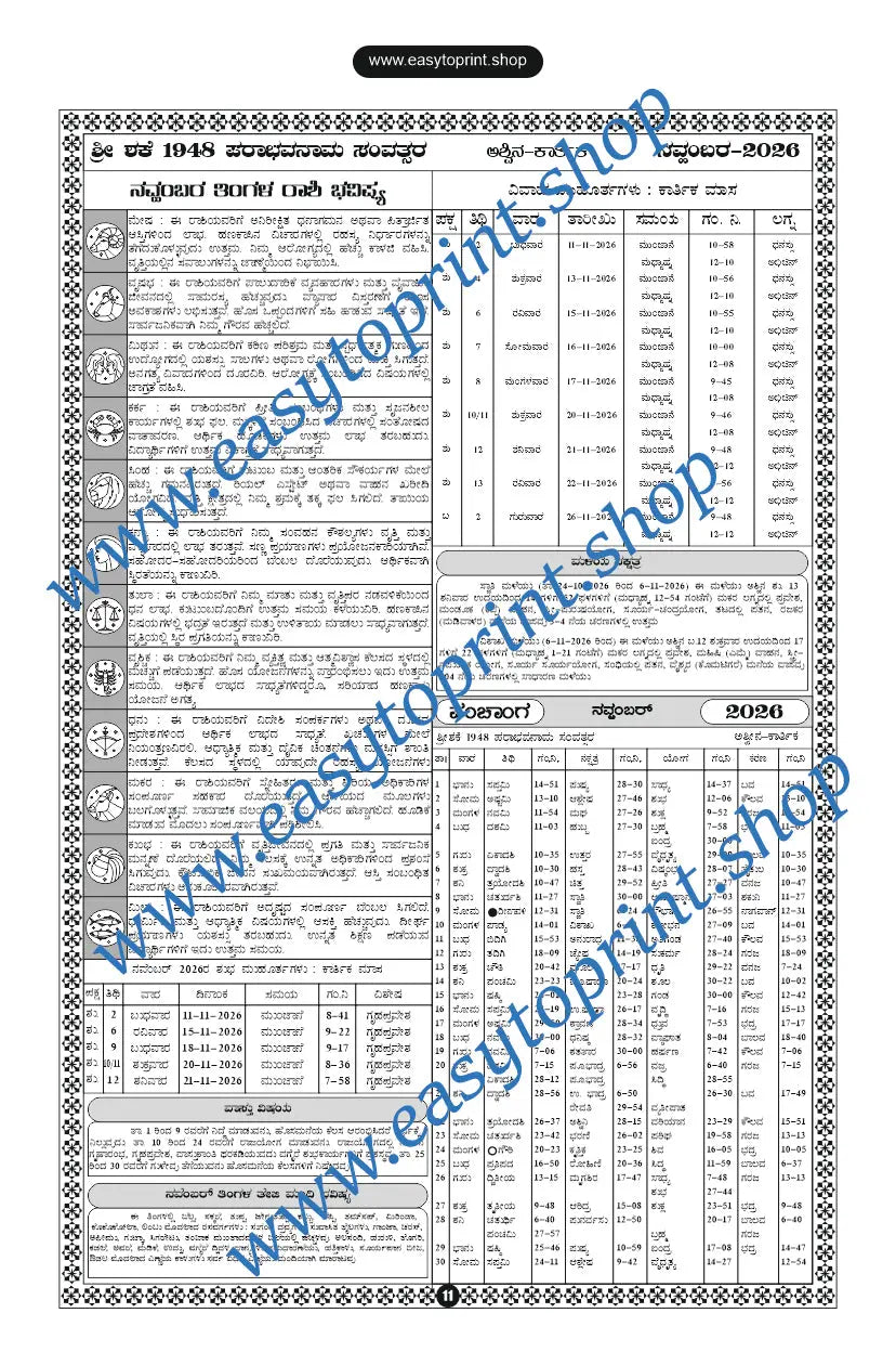 2026 Kannada Calendar Back Side Panchanga Design