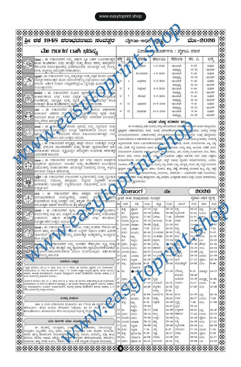 2026 Kannada Calendar Back Side Panchanga Design