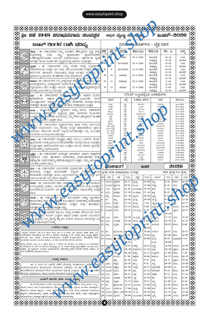 2026 Kannada Calendar Back Side Panchanga Design