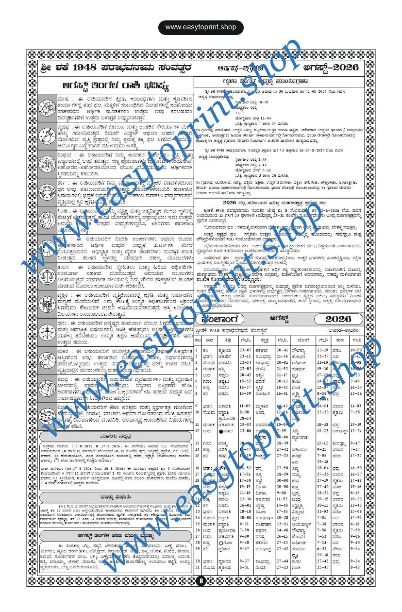 2026 Kannada Calendar Back Side Panchanga Design