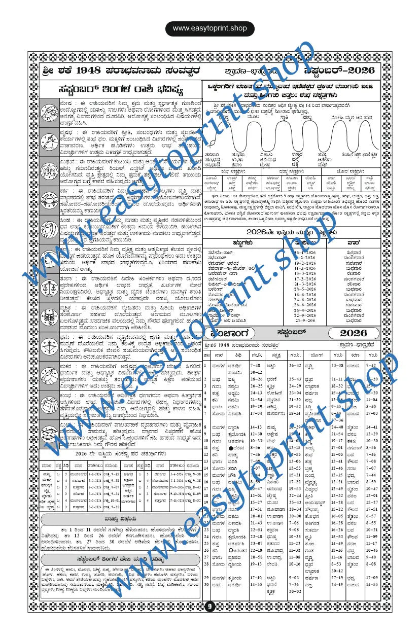 2026 Kannada Calendar Back Side Panchanga Design